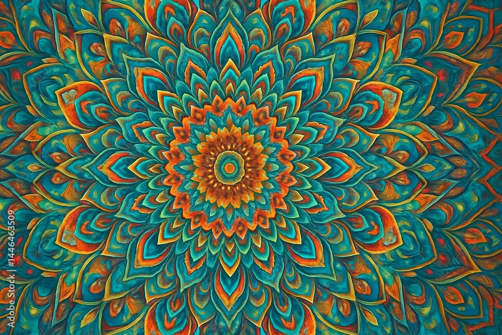 Vibrant mandala pattern with symmetrical floral design and bold colors Vibrant mandala pattern with symmetrical floral design and bold colors