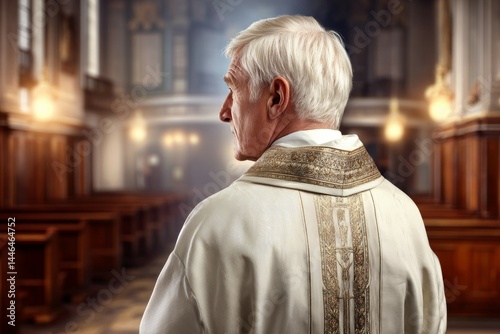 Elderly caucasian male priest in traditional vestments inside church sanctuary