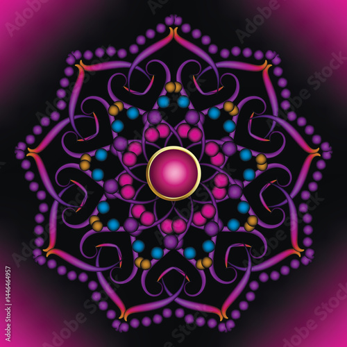 3d glowing floral mandala pattern with shiny illuminated pink, purple, blue and gold beads on black background. Luxury neon style radial vector design with 3D jewel effect. Decorative ornate texture.