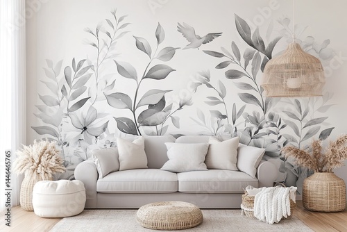 Gray and white floral wall mural