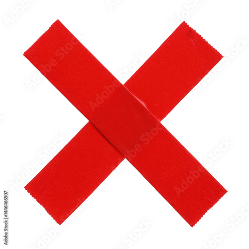 Textured bright red tape strips crossed to form an X mark, a universal symbol of prohibition or error.