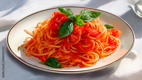 A delicious looking plate of spaghetti topped with tomato sauce and basil.