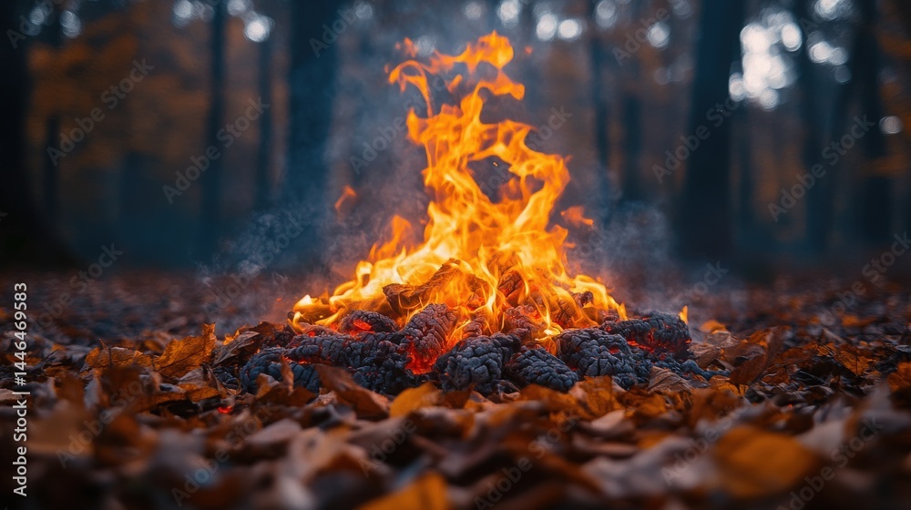Autumnal fire illuminating the forest floor with warmth and vibrant colors Autumnal fire illuminating the forest floor with warmth and vibrant colors