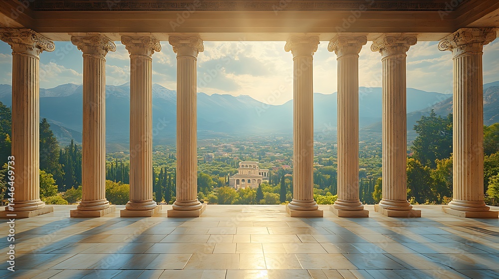 Fototapeta premium Old temple pillars with beautiful valley vista high resolution image