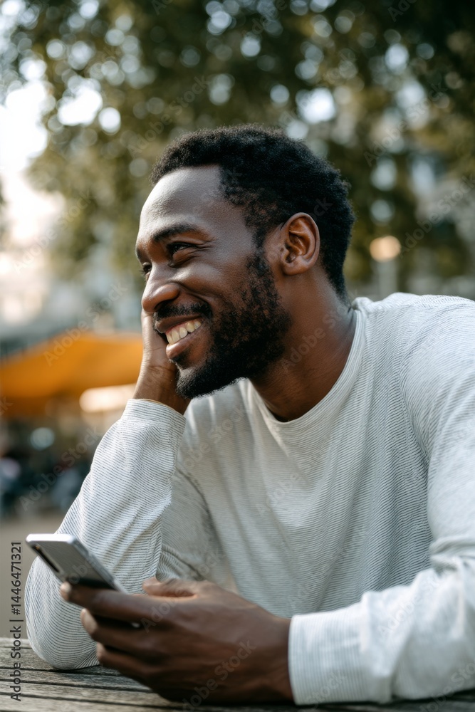 Fototapeta premium An attractive, smiling black man is holding his phone outdoors, looking joyful and relaxed.