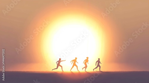 Tropical Sunset Beach Silhouette Illustration with Family and Palm Trees