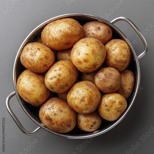 Directly above view of unpeeled potatoes in a metal pot - fingerling container ingredient soil top
