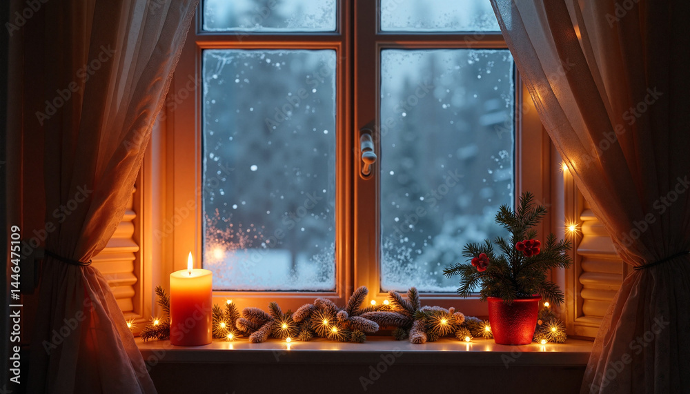 Candle with Christmas Decor, Christmas on Windowsill in Winter