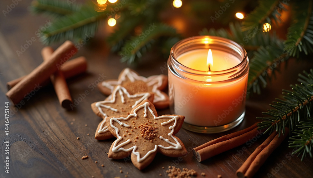 Candle with Christmas Decor and Gingerbread Cookies on a Table