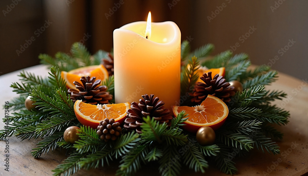 Candle with Christmas Decor, Christmas wreath with oranges and pinecones