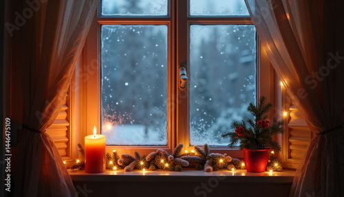 Obraz na płótnie Candle with Christmas Decor, Christmas on Windowsill in Winter w salonie