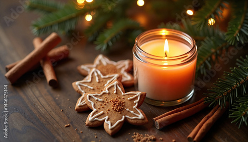 Candle with Christmas Decor and Gingerbread Cookies on a Table  