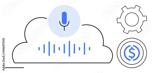 Cloud with microphone, soundwaves, gear, and finance icon signifying AI, voice tech, cloud services, automation, finance solutions digital transformation. Ideal for presentations apps simple