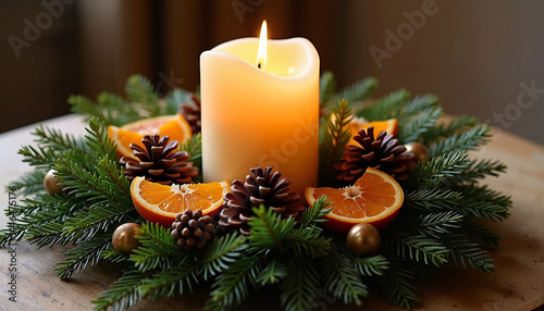 Obraz na płótnie Candle with Christmas Decor, Christmas wreath with oranges and pinecones w salonie