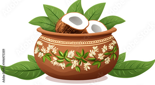  A traditional clay pot with coconut and green leaves on a transparent background, a PNG file of an Indian kauri flower or pichkari in an earthen bowl decorated with leaves 