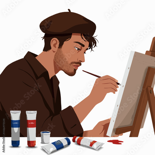 A male artist painting on a canvas with brushes and paint tubes scattered around, wearing a beret. 