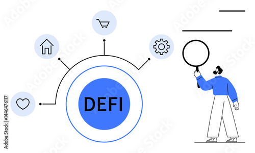 User interacting with decentralized finance hub surrounded by icons for functions, thumbs up shopping, home, and settings. Ideal for technology, finance, innovation, digital economy, data and simple