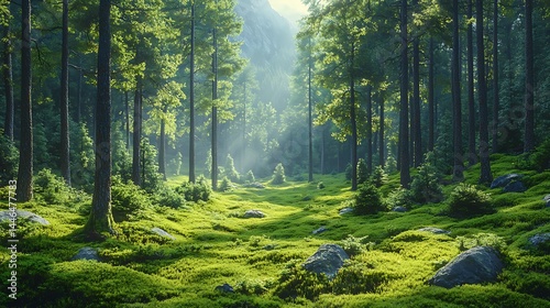 Serene pine forest illuminated by sunrise rays high resolution picture
