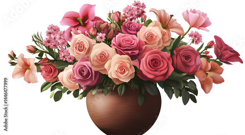  A Valentine's Day bouquet of roses, lilies, and ranunculus in an elegant wooden vase, on a transparent background in PNG format 