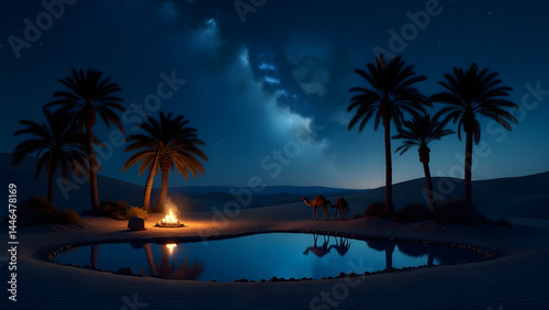 A tranquil desert oasis under a starry sky, with palm trees and a mirror-like pool. The air smells of dates, and a campfire glows softly in the night.