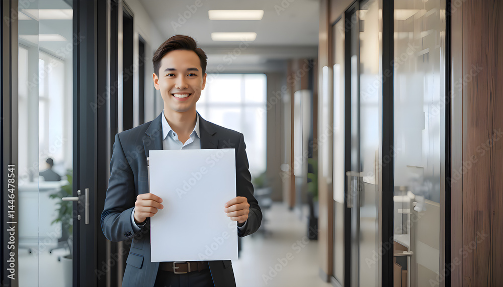 Man in a suit confidently holding a sign in a modern office setting Man in a suit confidently holding a sign in a modern office setting
