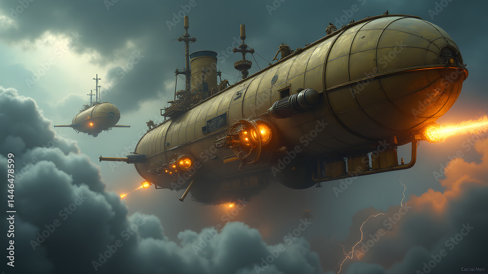 Obraz premium A chaotic steampunk airship battle with brass ships, steam cannons, and stormy skies. The air reeks of oil and coal, while lightning flashes dramatically.