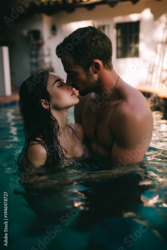 A loving couple shares a tender kiss while embracing each other in a beautiful swimming pool.