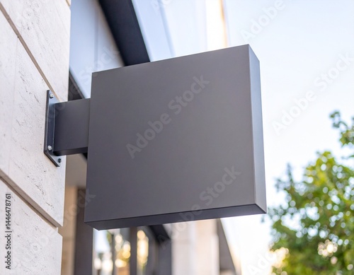 Blank black square signboard hanging outside a modern building, ideal for shop branding, store advertisement, or logo mockup.