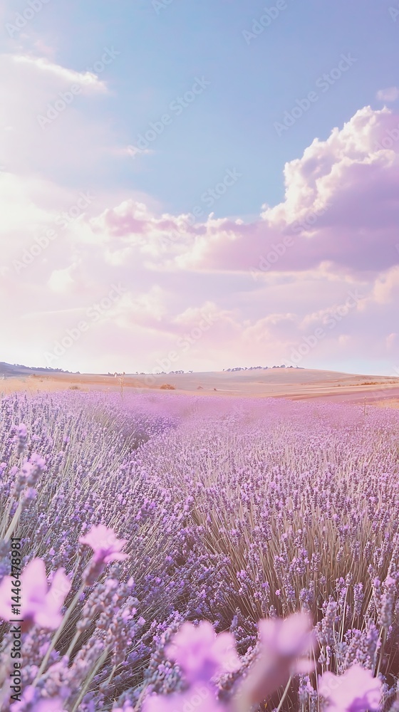 Fototapeta premium Blooming Lavender Field Under Sky Serene Floral Landscape with Soft Pastel Colors