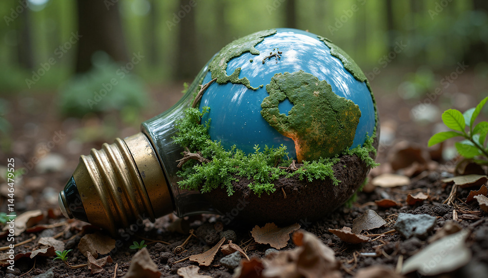Eco-friendly light bulb with Earth design in a forest setting