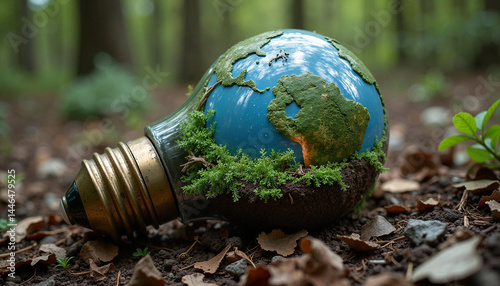 Obraz na płótnie Eco-friendly light bulb with Earth design in a forest setting w salonie