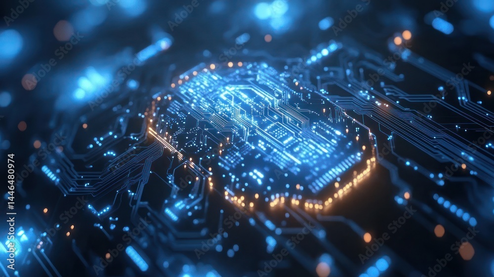 Glowing circuitry resembling a brain on a circuit board Glowing circuitry resembling a brain on a circuit board