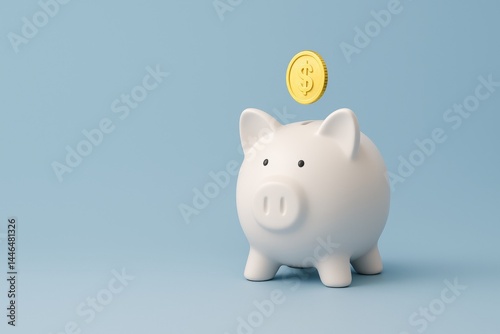 White piggy bank holding a shiny golden dollar coin against a minimal blue background, symbolizing the concepts of saving money, investment strategies, and financial growth