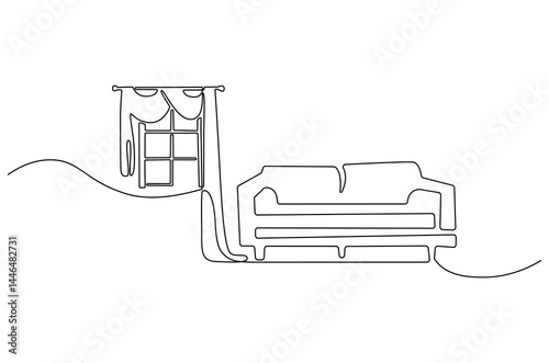 Continuous one line drawing of Windows curtain and sofa. Single line drawing illustration of Curtain sofa. Living room interior concept vector art. Doodle line illustration.