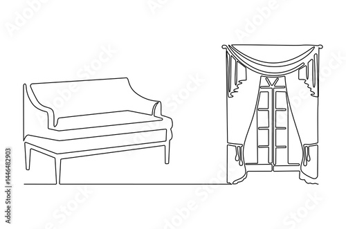 Continuous one line drawing of Windows curtain and sofa. Single line drawing illustration of Curtain sofa. Living room interior concept vector art. Doodle line illustration.