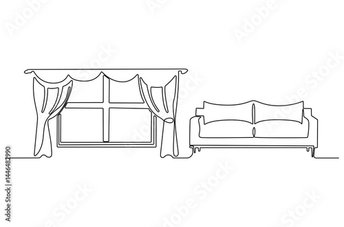 Continuous one line drawing of Windows curtain and sofa. Single line drawing illustration of Curtain sofa. Living room interior concept vector art. Doodle line illustration.