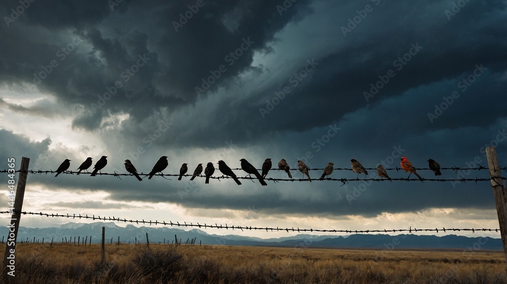 Naklejka premium birds on the wire, Generative Ai