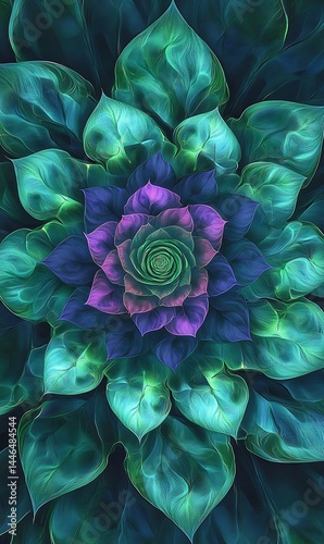 Abstract Teal Purple Succulent Plant Design, Swirling Petals Digital Art