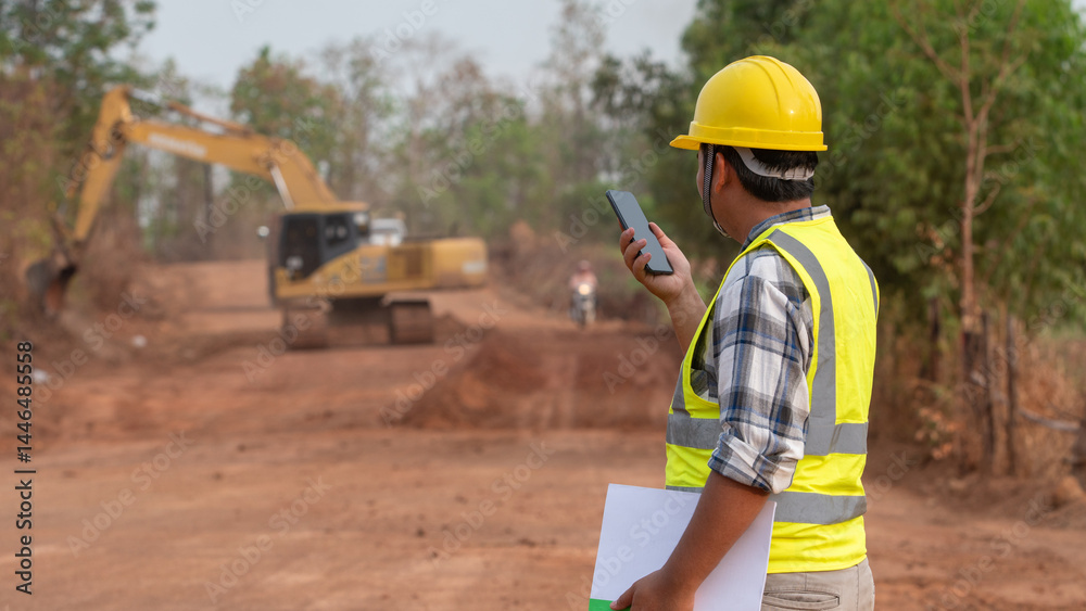Construction Supervision: An engineer stands at a construction site, communicating via radio, overseeing the project with attention to detail. Excavator and terrain present in scene.