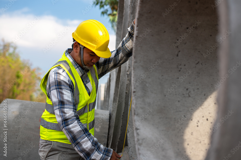 Construction Worker Inspects Precast Concrete Elements: Focused worker in safety gear meticulously examines the precast concrete, demonstrating dedication and precision on the construction site.
