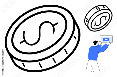 Oversized dollar coin with bold lines, person in blue holding video interface. Ideal for finance, digital economy, investments, online courses, monetization, e-commerce, simple landing page