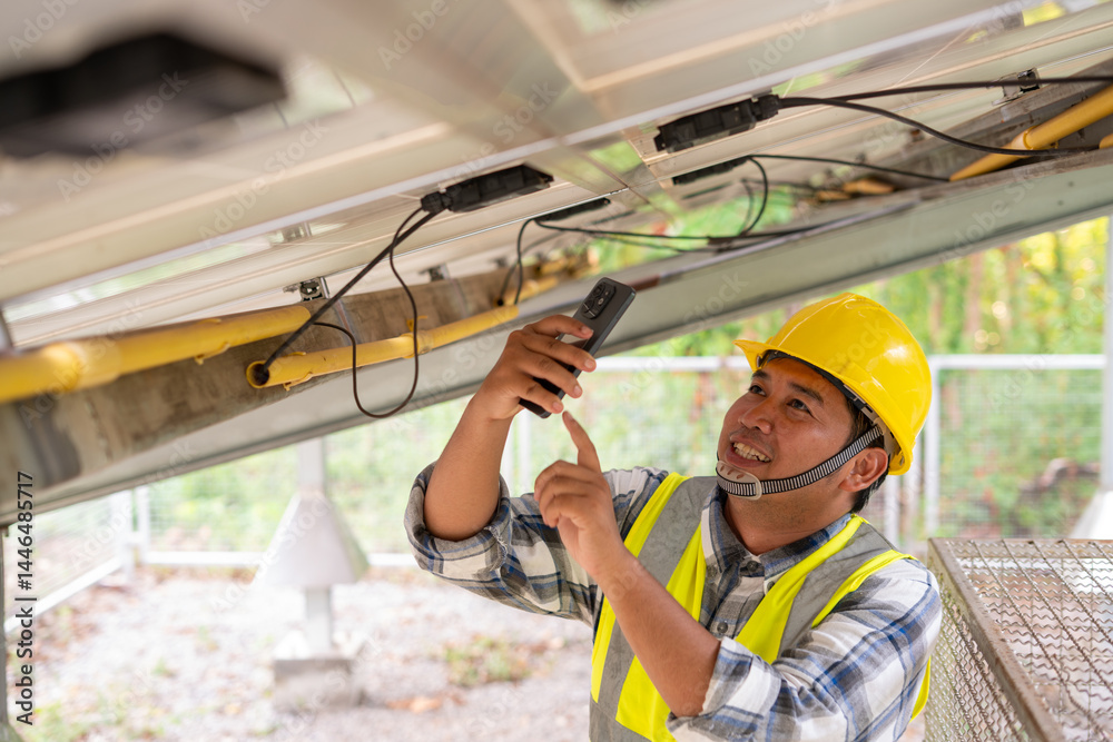 Solar Panel Inspection: An attentive inspector, equipped with a yellow hard hat, meticulously examines solar panels. The scene showcases the convergence of industry expertise and sustainable energy.