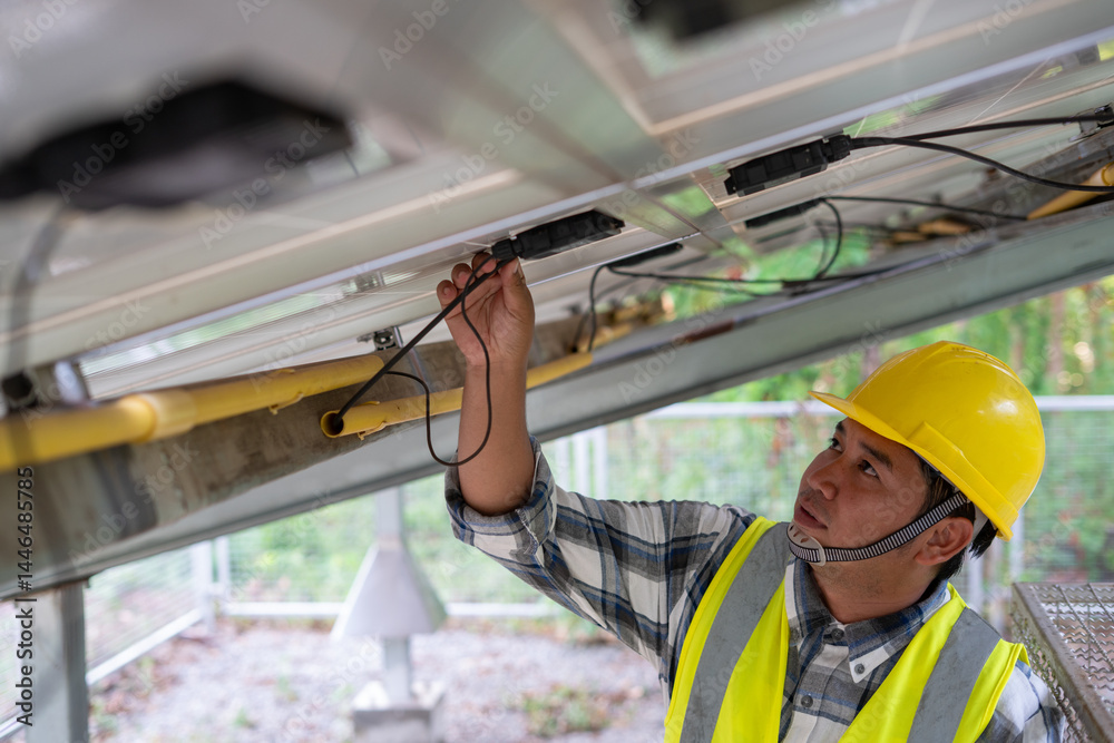 Solar Panel Technician: A focused technician meticulously inspects the wiring of a solar panel, showcasing expertise and attention to detail in renewable energy maintenance.