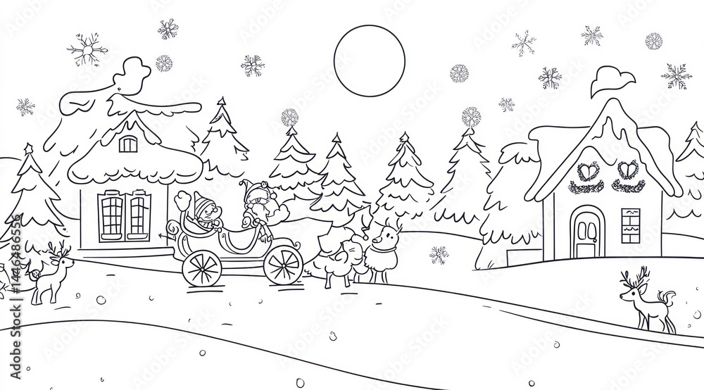 Snowy winter scene with a horse-drawn carriage. Cozy, snowy houses, trees, and reindeer. Ideal for coloring Snowy winter scene with a horse-drawn carriage. Cozy, snowy houses, trees, and reindeer. Ideal for coloring