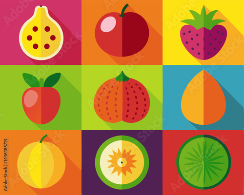 Flat Icon Fruit Set: Passion Fruit, Tomato, Strawberry, Apple, Mandarin, Mango, Lemon, Starfruit, Kiwi