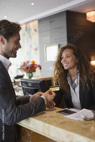 Smiling hotel receptionist receiving credit card from guest for payment at the front desk.
