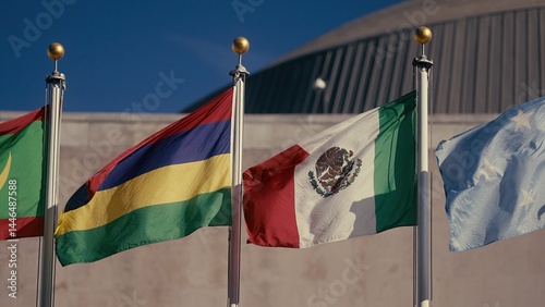 International flags waving in the wind at the United Nations headquarters in New York City, promoting global cooperation and diplomacy