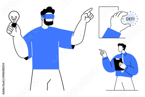 Man wearing VR headset holding bulb, pointing at defi concept. Manager with clipboard instructing. Ideal for technology, innovation, decentralization, virtual reality, finance, teamwork creativity