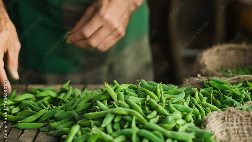 Farmer sorting fresh green beans in rustic market setting