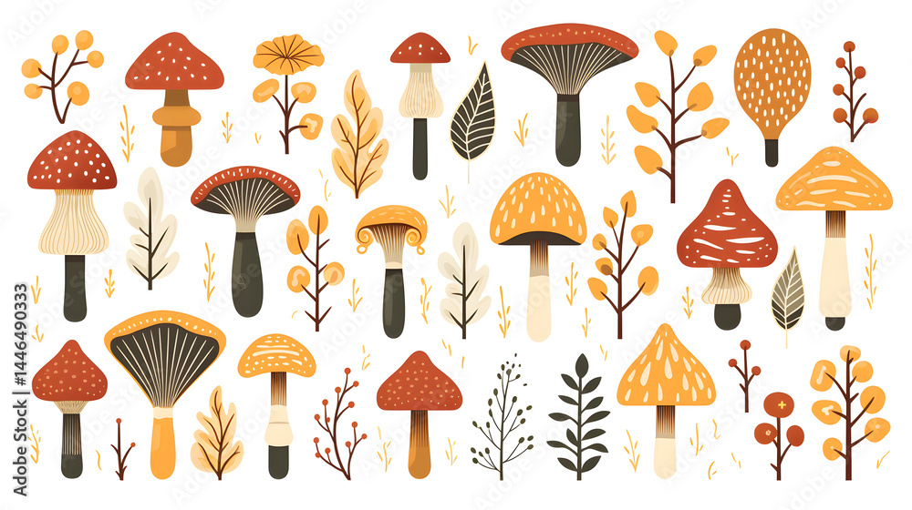 Professional autumn mushrooms icons collection. Explore vector line silhouette designs for seasonal illustrations Professional autumn mushrooms icons collection. Explore vector line silhouette designs for seasonal illustrations